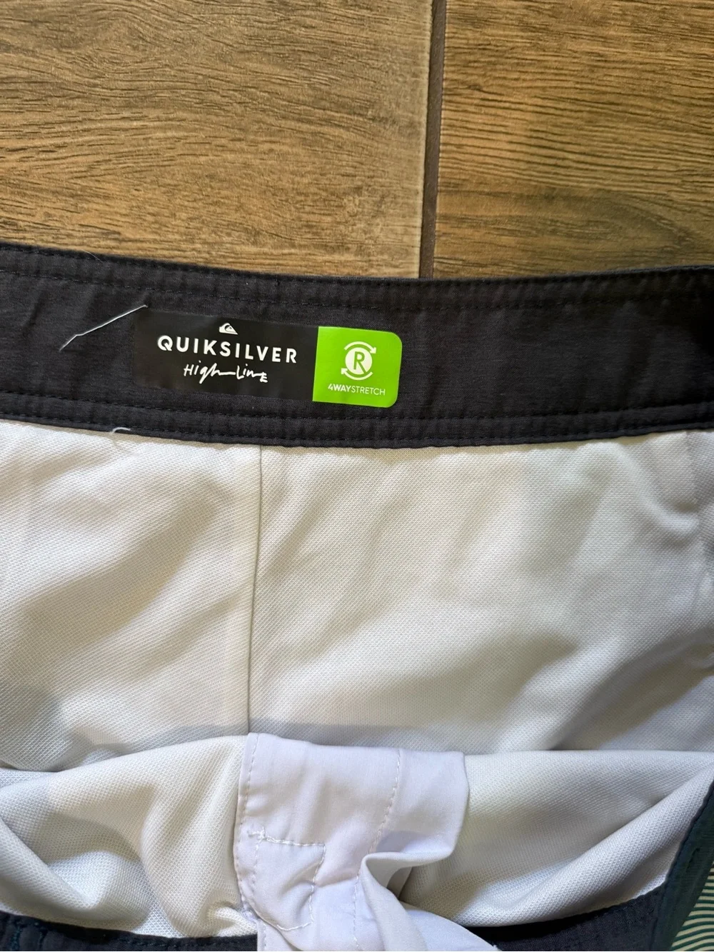 Quiksilver Men’s White Swim Shorts with Blue, Gray & Yellow Stripes